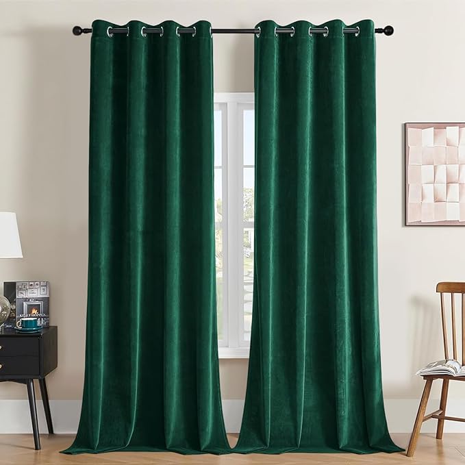 Joydeco Dark Green Velvet Curtains 84 Inches Length, Grommet Curtains 2 Panels, Thermal Insulated Privacy Room Darkening Window Drapes for Bedroom Living Room Home Theatre (52Wx84L)