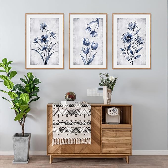LHIUEM Navy Blue and Grey Flower Framed Canvas Wall Art Set,Modern Botanical Plant Wall Decor,Neutral Wildflower Painting,Watercolor Aesthetic Floral Artwork for Living Room,Bedroom,Office-16''x24''x3