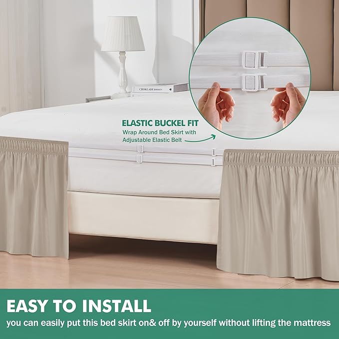 Biscaynebay Wrap Around Bed Skirts with Split Corners for Full Beds 18" Drop, Light Camel Adjustable Elastic Dust Ruffles Easy Fit Wrinkle Resistant Silky Luxurious Fabric Machine Washable
