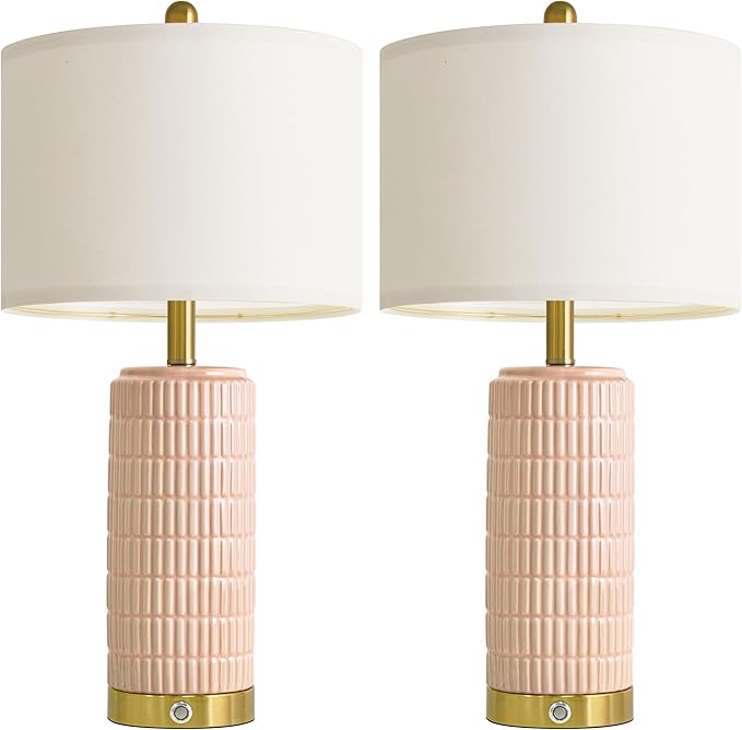 PoKat 25'' Table Lamps Set of 2 for Bedroom with 3-Way Dimmable Touch Control, Bedside Lamps with USB A+C Ports for Living Room, Modern Ceramic Pink Lamps for Kids Girls Decor (2 Bulbs Included)