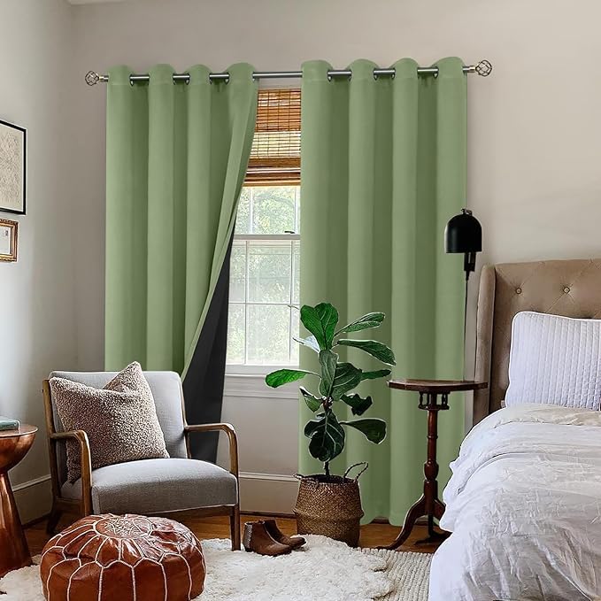 BGment Thermal Insulated 100% Blackout Curtains for Bedroom with Black Liner, Double Layer Full Room Darkening Noise Reducing Grommet Curtain (52 x 90 Inch, Grass Green, 2 Panels)