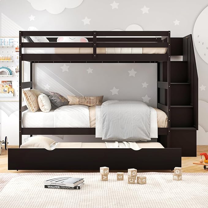 KOTEK Twin Over Twin Bunk Bed with Trundle and Stairs, Solid Wood Bunk Bed Frame with Storage Shelf, Bunk Beds Detachable into 2 Platform Beds for Kids Teens Adults (Espresso)