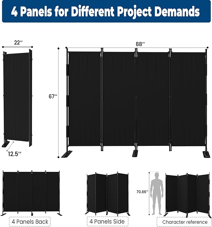 Room Divider, Upgraded Privacy Screen Highly Secretive, 4 Panel Portable Room Separation 88’ W Partition Room Dividers, Freestanding Wall Divider Panel Studio Bedroom Office(Black)