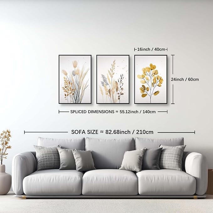 YCJKJDZ Framed Beige Botanical Canvas Wall Art Set of 3, Boho Watercolor Wildflower Pampas Grass Poster Neutral Leaf Art Fall Nature plant Prints for Living Room, Bedroom, Office, – 16x24 in
