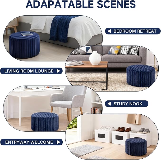 Tiita Round Stuffed Pouf Ottoman, Stripe Faux Fur Poufs with Foam Chunk Filling, Furry and Fluffy Pouf 21×21×12 inch Foot Stool Storage Ottoman,Puff Office Foot Rest for Couch Living Room, Navy Blue