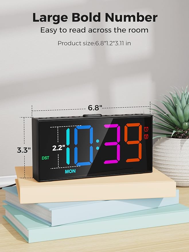 PPLEE RGB Digital Alarm Clock for Bedrooms with Day Display, Loud Dual Alarms for Heavy Sleepers, Plug-in Bedside Clock with USB Charging, Dimmable Large LED Display, Snooze for Kids Teens Boys Girls