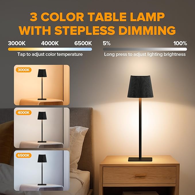 LUTEC 4 Pack Cordless Table Lamp,6000mAh Rechargeable Battery Operated Desk Lamp,Two Adjustable Heights,Waterproof, Touch Control & 3 Color Stepless Dimming for Restaurant/Bedroom/Bars/Outdoor (Black)
