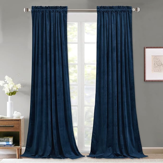 StangH 120 inches Long Blackout Velvet Curtains - Navy Blue Light Blocking Thermal Insulated Window Curtains for Bedroom Living Room, High Ceiling Backdrops for Office, W52 x L120, 2 Panels