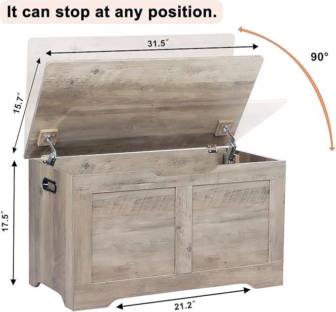 Timberer 31.5" Storage Chest, Wooden Storage Bench, Lift Top Toy Chest with 2 Safety Hinges, Large Toy Box, Entryway Shoes Bench for Living Room, Bedroom, Grey