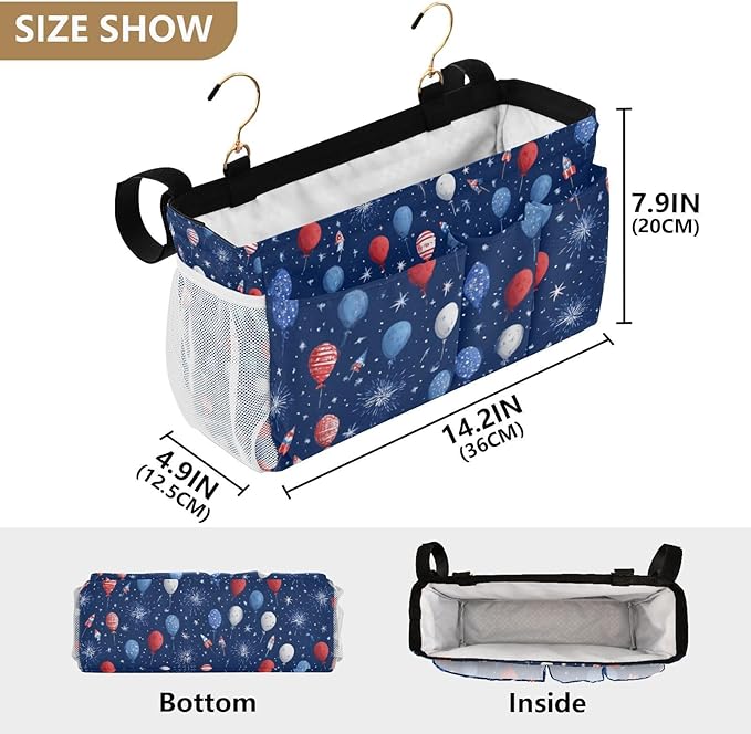 Bedside Caddy Hanging Bunk Bed Caddy Bed Organizer Hanging Pocket with 2 Hooks Bedside Storage Organizer Pocket Bag Holder Navy Blue Patriotic Balloons Fireworks