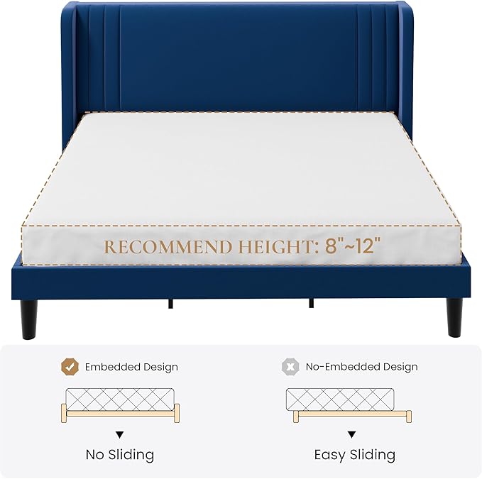 SHA CERLIN King Size Velvet Upholstered Platform Bed Frame with Vertical Channel Tufted Wingback Headboard, Wooden Slats Support, Easy Assembly, Under Bed Storage, No Box Spring Required, Blue