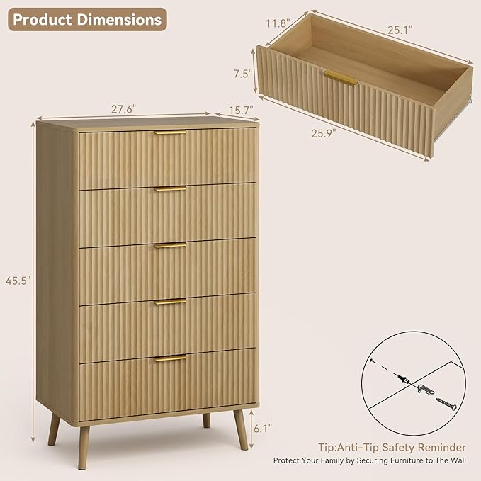 CARPETNAL Fluted 5 Drawers Dresser for Bedroom, 45" Tall Wooden Chest of Drawers with Rounded Corners, Gold Handles, Modern Storage Organizer for Bedroom, Hallway (Oak)