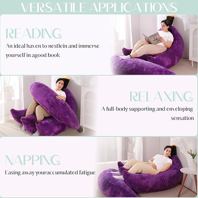 Banana Bean Bag Chair with Ottoman, Floor Sofa Bed with Footrest, Comfy Convertible Lounger for Adults, Plush Couch for Bedroom, Living Room or Dorm, L-Violet