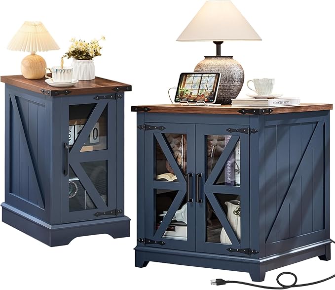 Farmhouse End Table Set 2, Narrow 18'' Night Stand with Glass Barn Door, 24" Square Side Table with Charger Station, Living Room Furniture Sets, Wood Nightstand Bedside Tables for Bedroom