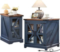 Farmhouse End Table Set 2, Narrow 18'' Night Stand with Glass Barn Door, 24" Square Side Table with Charger Station, Living Room Furniture Sets, Wood Nightstand Bedside Tables for Bedroom