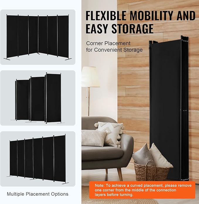 VEVOR Room Divider, 6 Panel Room Divider, Folding Privacy Screen and Portable Partition Divider for Room Separation, Freestanding Room Partitions for Office, Bedroom, Study, Black