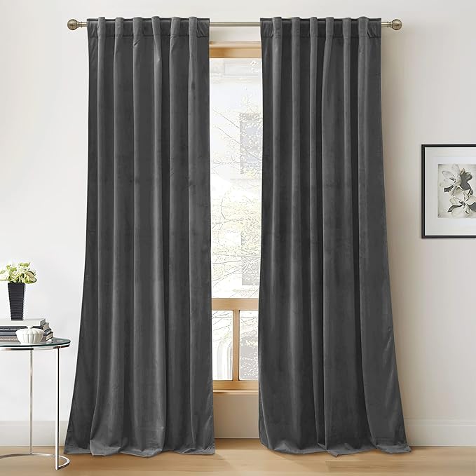 RYB Home Velvet Curtains for Living Room - Extra Long Luxury Back Tap Window Drapes Room Darkening Thermal Insulated Panels for Bedroom Home Office, Grey, W52 x L120 inches, 2 Pieces