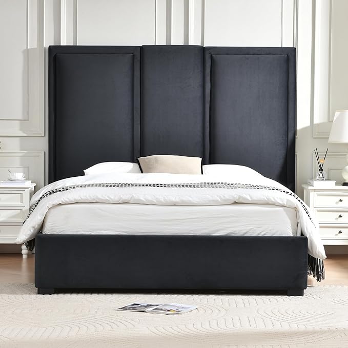 YUHUASHI Queen Size Bed Frame with 64-inch High Headboard, Simple and Airy Linen Upholstered Platform Bed with Storage Drawers, Wood Slat, No Noise (Ink Blue, Queen)