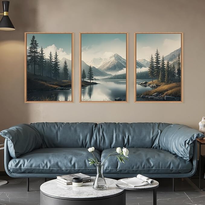 LHIUEM Large Mountain Misty Forest Framed Canvas Wall Art,Nature Ridge Foggy Wall Decor,Snow Lake Woodland Wall Painting,Pine Tree Artwork for Living Room,Bedroom,Dining Room,Office -16"x24"x3