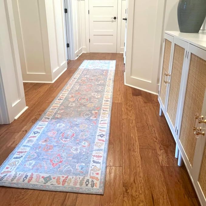 Fame Rugs Blue Modern Oushak Rug 2'6"x7', Washable Vintage Turkish Colorful Oriental Antique Inspired Foldable Small Runner Rugs, Luxury Living Room Bedroom (381LB, 2'6" x 7')