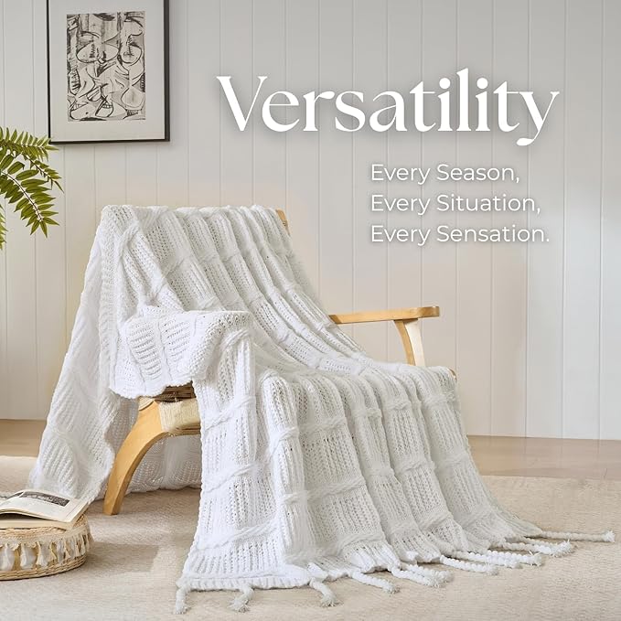 Boho Knitted Chenille Blanket with Tassels - Lightweight & Soft All-Season Throw - 3D Classic Pattern for Living Room Bedroom Couch, Cloud White, King 90"x108"