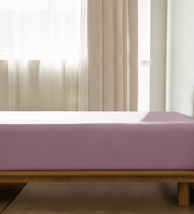 MooMee Fitted Bottom Sheet Only 100% Washed Cotton Linen Like Textured Breathable Durable Soft Comfy Deep Pocket Fits Mattress up to 17" (Light Purple, Twin)