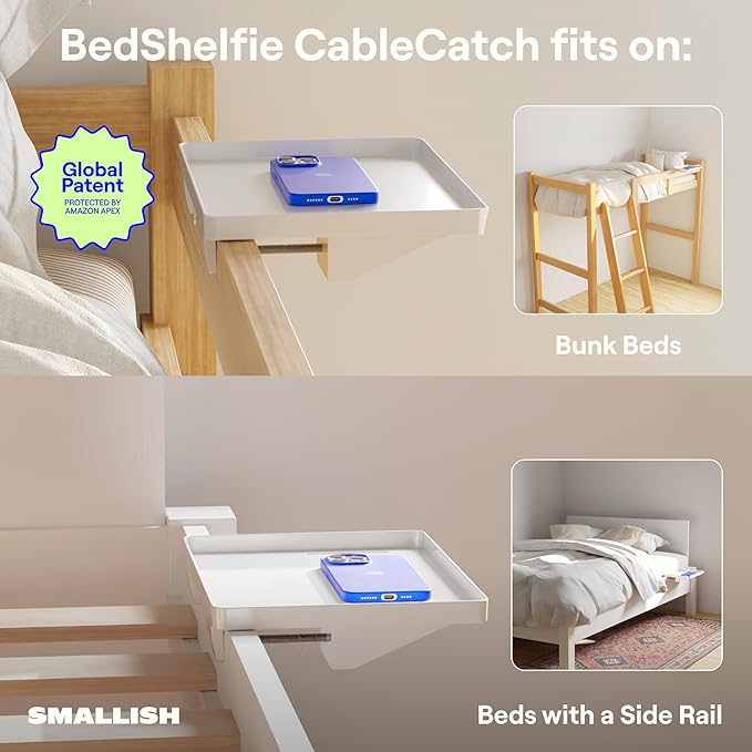 BedShelfie Bedside Shelf for Dorm Room Bunk Bed & Top Bunk, College Dorm Room Essentials, Bedside Caddy, Clip on Floating Desk Tray, Bed Side Table Storage, Loft Nightstand Decor - Cable Catch, White