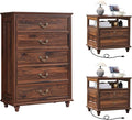 24" Wide Farmhouse Nightstand with Charging Station Set of 2, 45" Tall Rustic Chests of 5 Drawers w/ 4 Solid Wood Feet, Farmhouse Furniture Series for Living Room,Bedroom,Brown