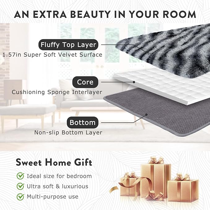 8x10 Large Area Rugs for Living Room, Soft Black White Zebra Big Shag Rug for Bedroom Nursery Kids Room Dorm, Non-Slip Modern Fluffy Plush Carpet for Home Decor