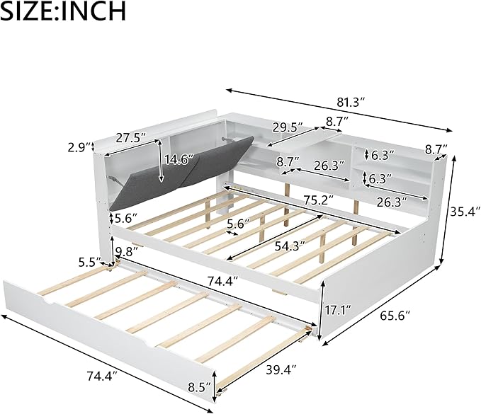 Ball & Cast Full Size Wooden Storage Daybed Frame, Modern Platform Bed with Trundle & Flip Headboard & Shelves, L Shaped Full Floor-Bed w/Upholstered Headboard&Storage, No Box Spring Needed, White