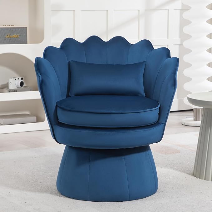 360° Swivel Accent Chair, Mid-Century Modern Velvet Barrel Chair, Comfy Shell Shape Arm Chair with Lumbar Pillow for Living Room, Bedroom, Office, Dark Blue