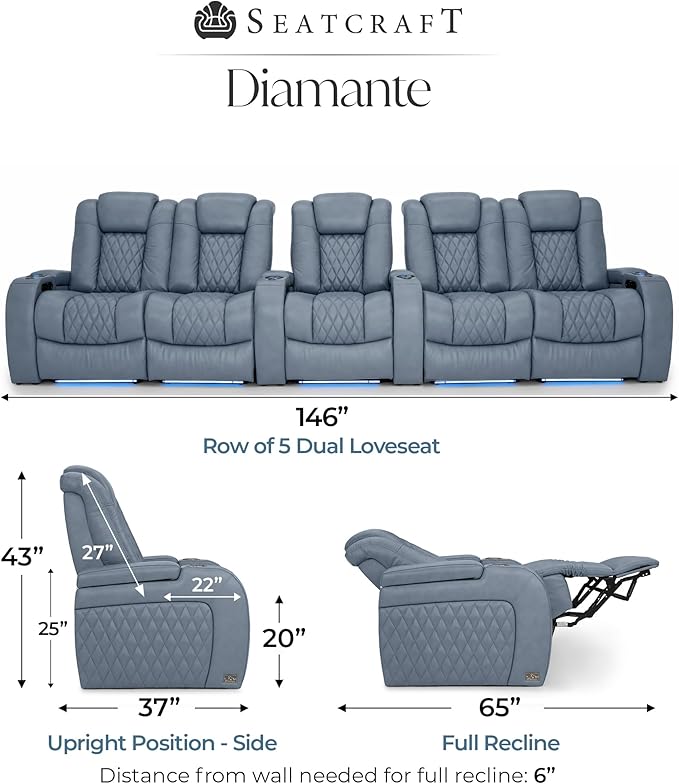 Seatcraft Diamante Zero-Gravity CoolZero Italian Leather Home Theater Seating, Power Headrest, Power Recline, Row of 5 Dual Loveseats, Smokey Blue