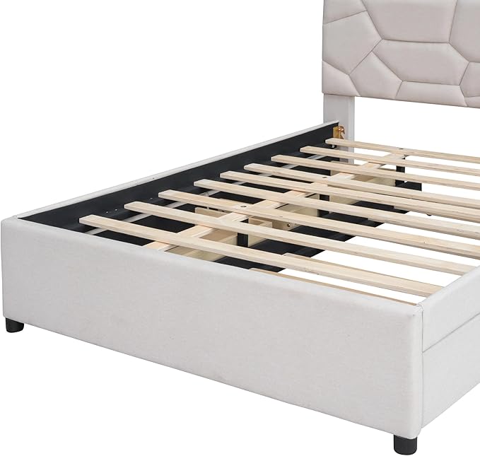 Full Size Bed Frame with Twin Size Trundle and 2 Storage Drawers,Linen Upholstered Platform Bed Frame Full with Brick Pattern Headboard,Solid Wood Slat Support,No Box Spring Needed,Beige