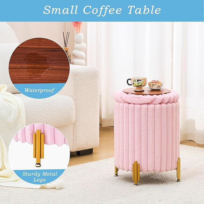 Mxfurhawa Round Ottoman Foot Stool with Storage and Metal Legs for Living Room Bedroom, Velvet Upholstered Footrest Stool Support 300lbs Modern Padded Seat Ottoman Coffee Table (Pink)