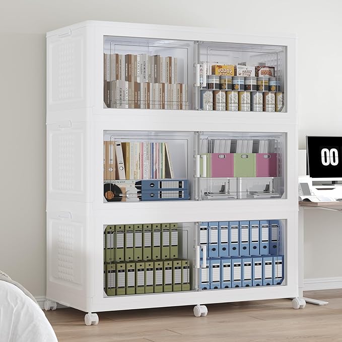 150GAL Storage Bins with Lid and Wheels, Stackable Closet Organizers and Storage Drawer, Collapsible Storage Box with Dividers, Foldable Plastic Cabinets for Room, Kitchen, 3 Pack White
