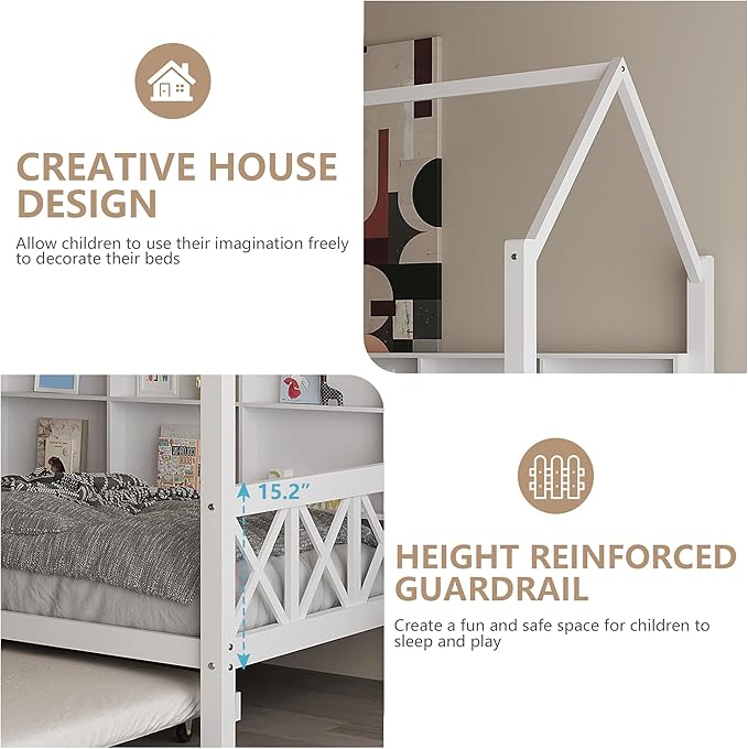 Twin House Bed for Kids with Trundle and Storage Shelves, Montessori Bed with Guardrails and Wood Slats, Platform Bed with Headboard for Boys Girls, 74.4" L x 40.2" W x 71" H, White