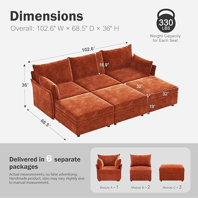 ABCASA 102.6" Luxury Modular Sleeper Sofa Bed 6 Seat Reversible Sectional Couch Deep Seat with Storage Chaises Removable Cover for Living Room, Apartment - Chenille Terracotta Orange