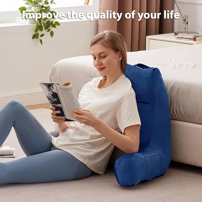 IPYNBAP Reading Pillow with Arms for Adult, Back Pillow for Bed Sitting Up, Shredded Memory Foam Backrest Pillow with Pockets & Removable Washable Cover, Lounging, Watching TV, Reading(24" Navy Blue)