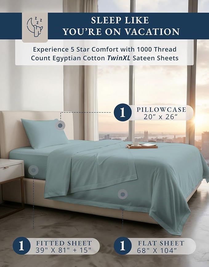 LANE LINEN 100% Egyptian Twin XL Sheets Set - 1000 Thread Count, Soft & Comfy Thick Fully Elasticized Mercerized Cotton Twin Extra Long Sheet Set, No Pill Fade Resistant Elegant Sheets - French Blue