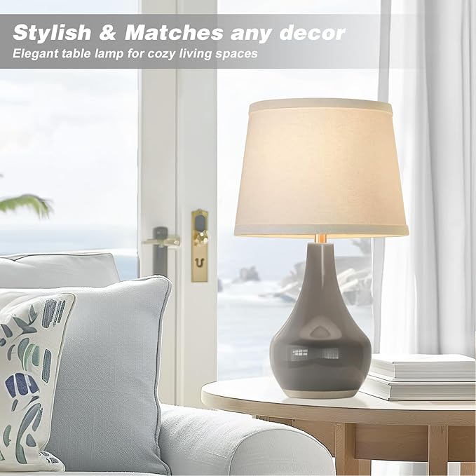 Seealle Modern Ceramic Table Lamps for Night Stands - Bedside Lamps Set of 2 for Nightstand, 19.4" Grey Bedroom Lamp for Living Room Cute Desk End Table Office Guest Room Dresser Rocker Swtich