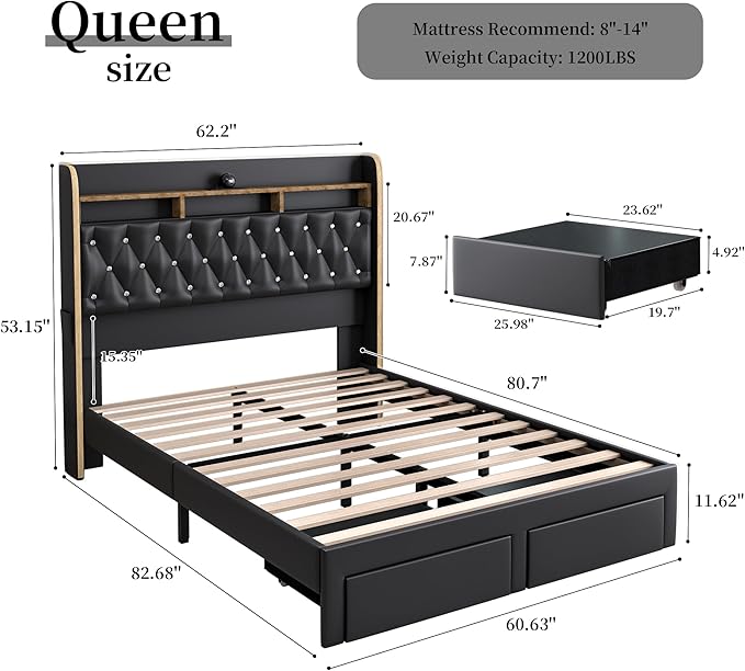 Queen LED Bed Frame with 2 Storage Drawers, PU Upholstered Platform Beds with Galaxy Star Projector Charging Station Speaker, Aurora Bedframe with 2-Tier Storage Headboard, Noise-Free, Black