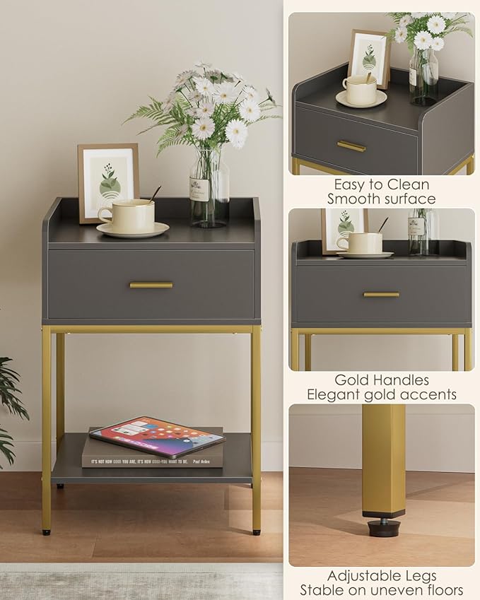 Masupu Gray Nightstand,3-Tier Modern Bedside Table Night Stand with Storage Drawer and Shelf,Small End Side Table for Bedroom,Living Room,(Without Outlet,)