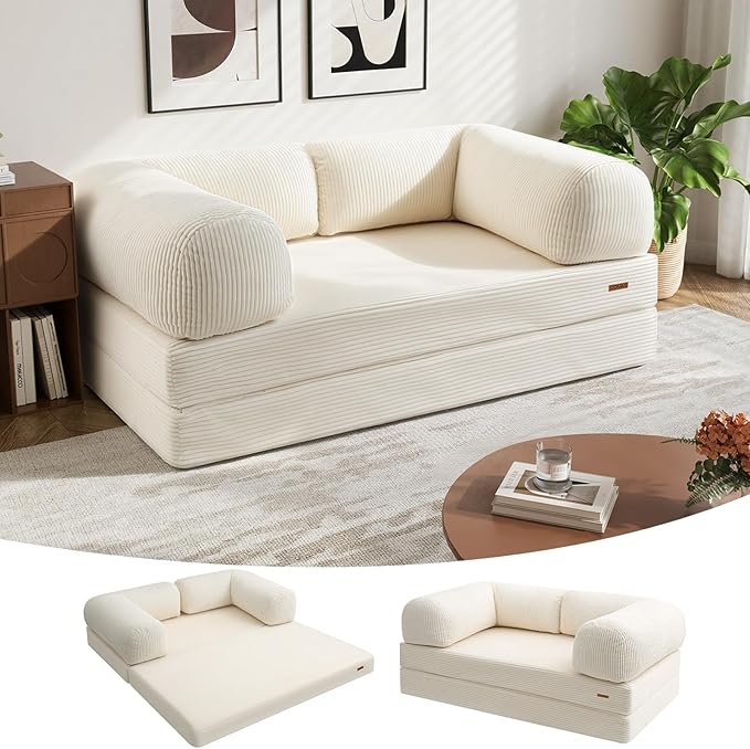 COMAX 4‑in‑1 Futon Sofa Bed Queen – Floor Foldable Convertible Sofa Couch with L‑Shaped Armrests, Removable Cover, Convertible Guest Bed | Space‑Saving Fold‑Out Mattress Lounge for Living Room, Beige