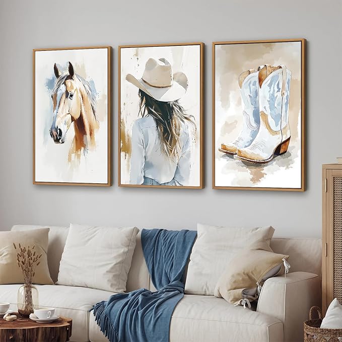 YeeHomedec Large Western Cowgirl Posters Framed Canvas Wall Art Set, Blue and White Horse Wall Decor, Glam Rodeo Boots Art Print, Vintage Country Hat Artwork for Living Room Bedroom Dorm 16"x24"x3