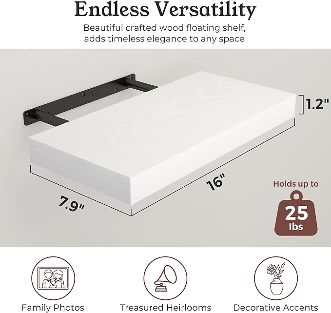 Floating Shelves for Wall, 7.9" Deep Wall Mounted Wood Shelves for Bathroom, Bedroom, Living Room, Kitchen, Hanging Shelf for Books/Storage/Room Decor (White, 16")