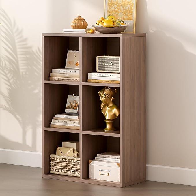 OSCHF 6-Cube Storage Shelf Bookcase - Wooden 3-Tier Floor Standing Open Bookshelf for Home and Office, Cuby Orgainzer, Walnut