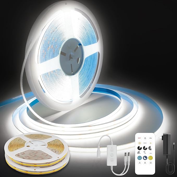 COB LED Strip Lights Cool White,24V Dimmable led Light Strip KIT with Remote and app Control,6000K 50FT/15m 8mm Wide Ra>90 Cuttable Flexible Strip Lights for Bedroom,Wardrobe,Cabinet