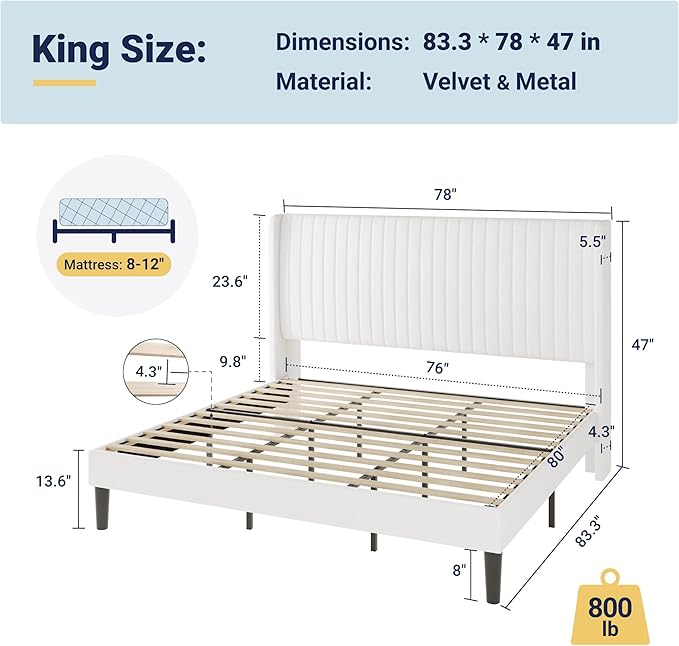 Allewie King Size Velvet Bed Frame/Vertical Channel Tufted Wingback Headboard/Upholstered Platform Bed/No Box Spring Needed/Strong Wooden Slats/Easy Assembly/White