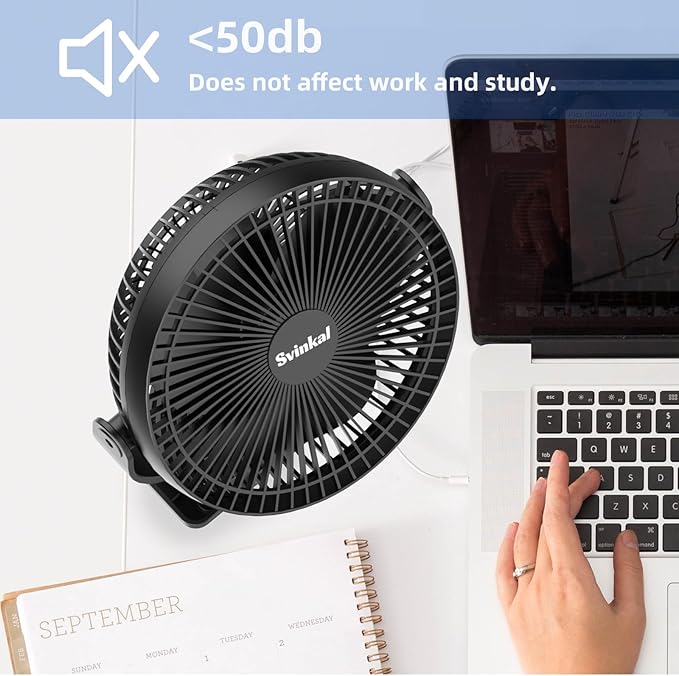 Svinkal Portable Clip on Fan 10000mAh Battery Powered, USB Type C, Supports 720° Adjustment, 4 speed, 8inch Personal Fan for Table, Bedroom, Desk, Camping, Stroller, Golf Cart