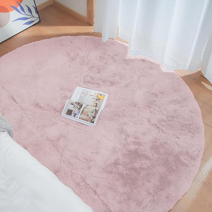 Pink Fluffy Round Rugs 6ft Large Circle Washable Faux Rabbit Shaggy Fur Rugs for Bedroom Living Room Nursery Rug Home Décor